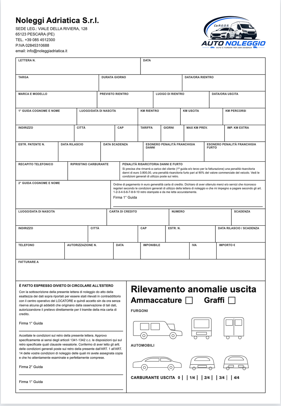 Fronte del contratto di noleggio con schema per i danni