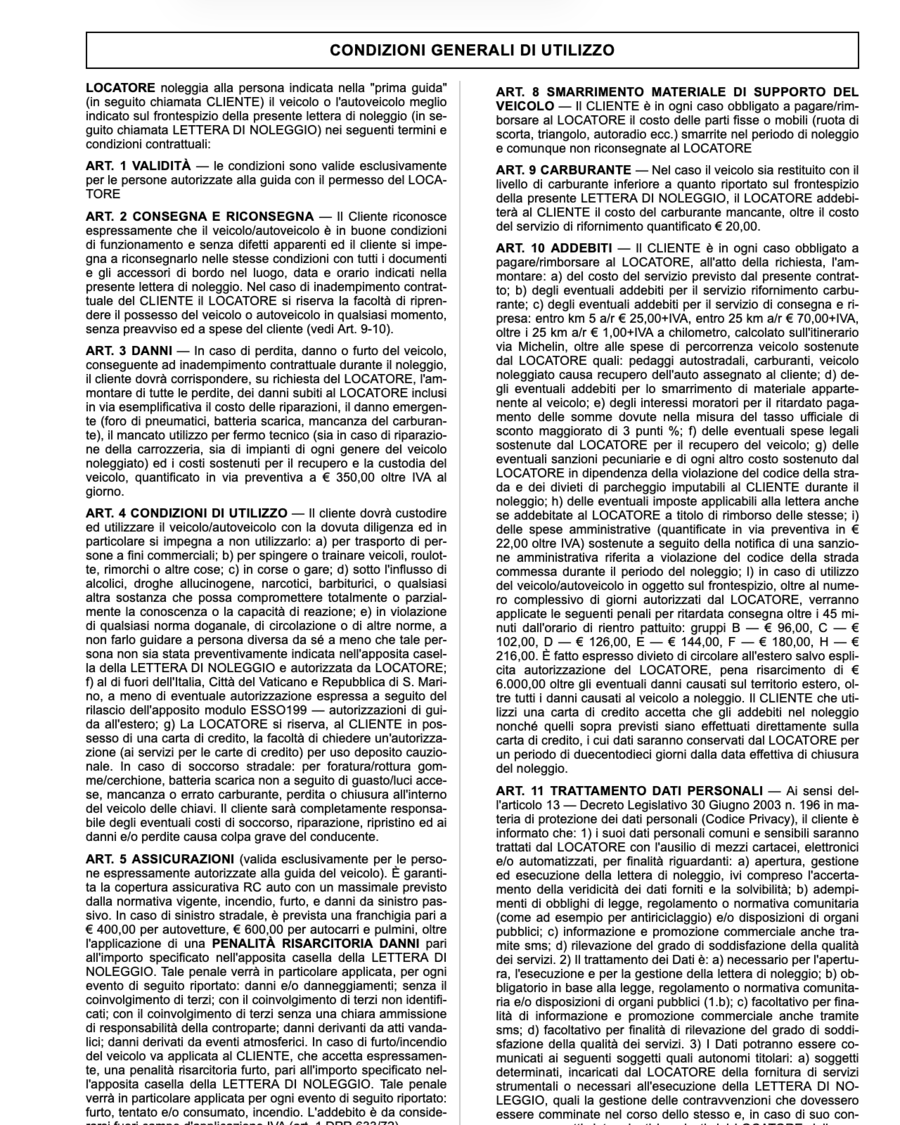 Retro del contratto con le condizioni generali